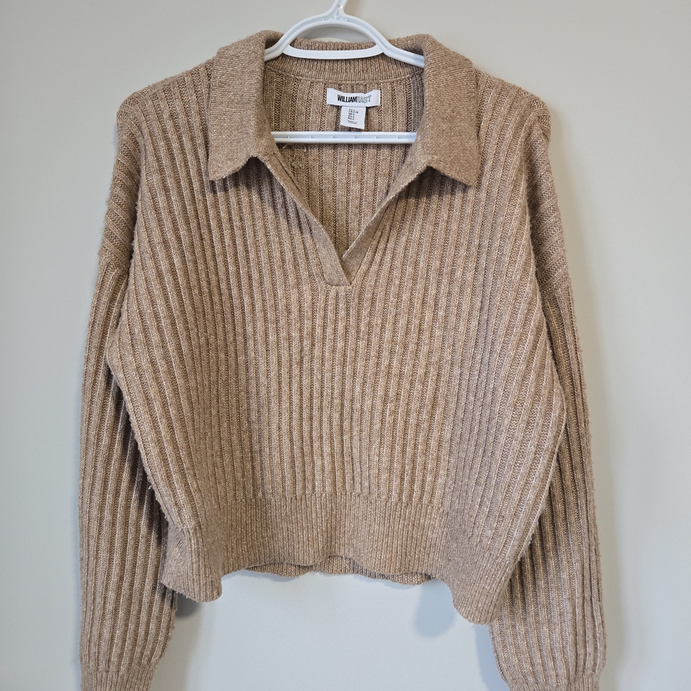 William Rast ribbed v-neck long sleeve collared sweater in tan/brown